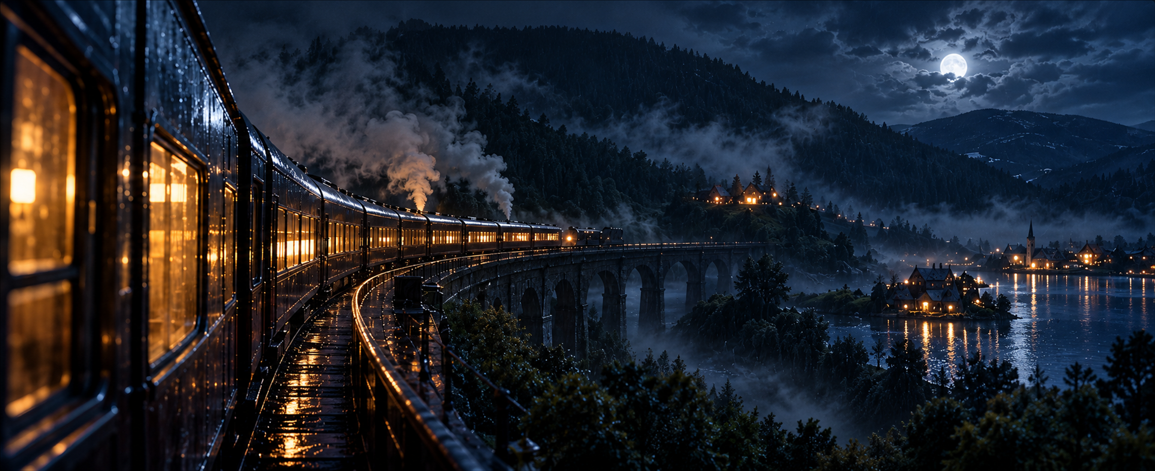 A warmly lit train travelling through the night, evoking a movie night shared across distance